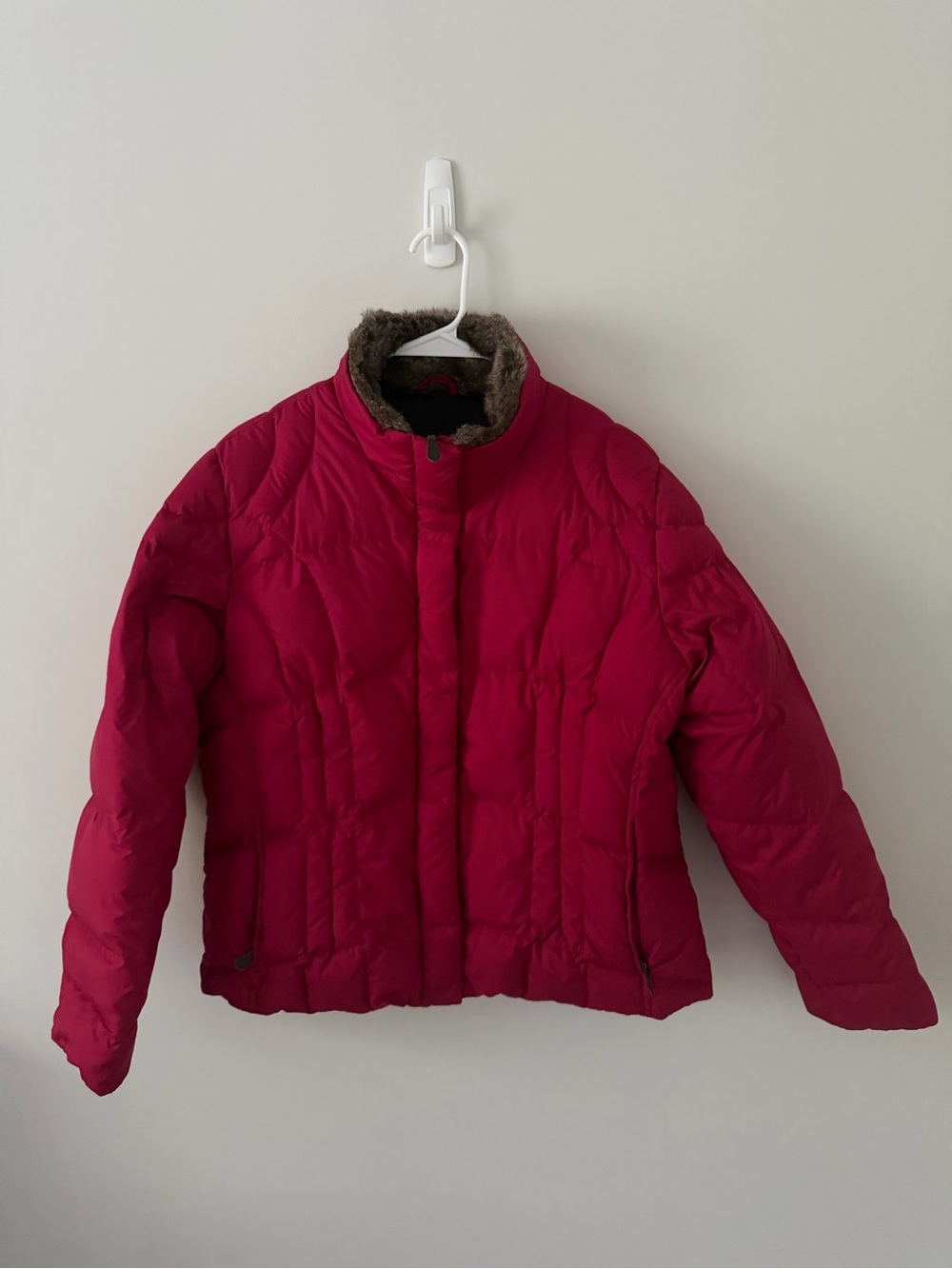 Eddie Bauer Red Puffer Jacket with Brown Faux-Fur Collar